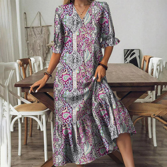 Boho V-hals Jurk met Ruches