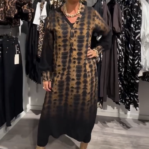 Dames losse lange jurk met V-hals en luipaardprint