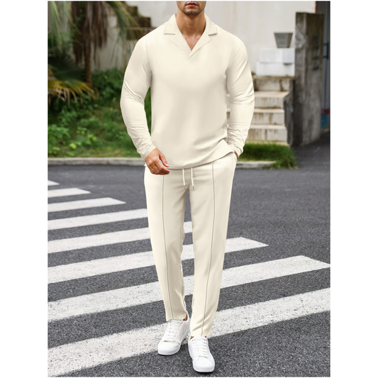 🔥HOT SALE🔥Elegant Men's Two-Piece Set with Collared Top & Drawstring Pants