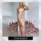 Satin One Shoulder Drape Slit Maxi Dress