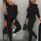Set met een off-shoulder top met lange mouwen en een broek met trekkoord