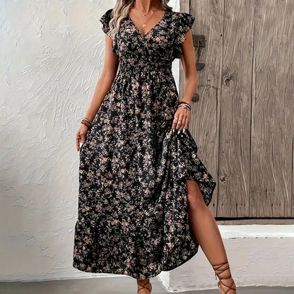 Zwevende Maxi-jurk met V-hals en Bloemenprint