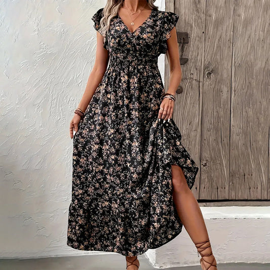 Zwevende Maxi-jurk met V-hals en Bloemenprint