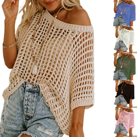💥Prijs van de week special 💥Womens Summer Scoop Neck ShortSleeve Sweater Casual Crochet Hollow Out KnitTops