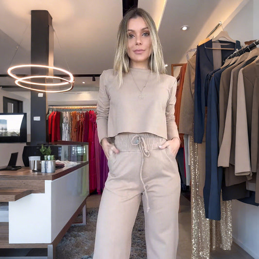 Dames Tweedelige Set: Lange Mouw Top & Hoge Taille Broek