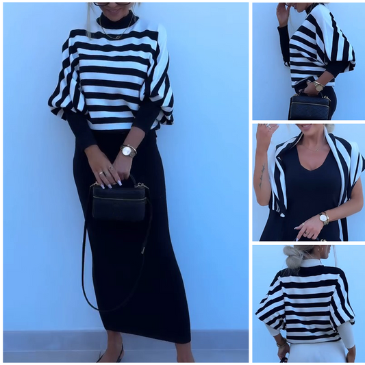 Gestreepte Gebreide Top met Lange Mouwen & Slim-Fit Effen Jurk 2-Delige Set