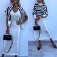 Gestreepte Gebreide Top met Lange Mouwen & Slim-Fit Effen Jurk 2-Delige Set