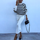 Gestreepte Gebreide Top met Lange Mouwen & Slim-Fit Effen Jurk 2-Delige Set