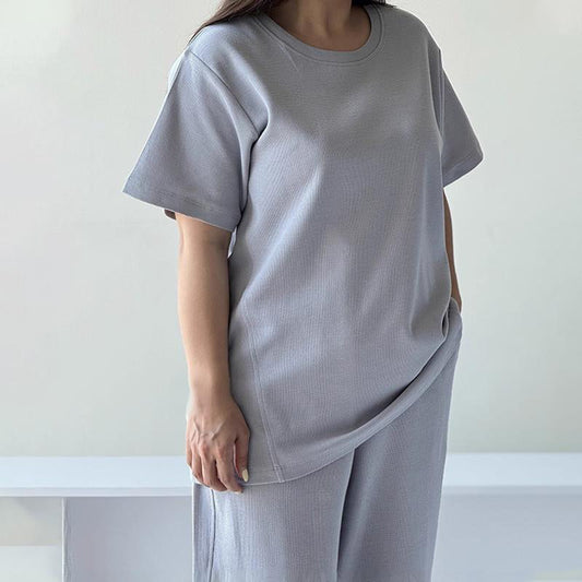 Dames Casual Effen 2-Delige Set – Top & Broek met Wijde Pijpen
