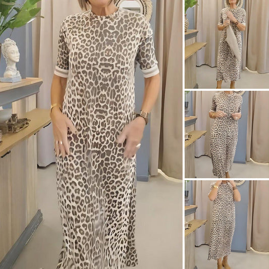 Dames luipaardprint jurk met ronde hals en korte mouwen