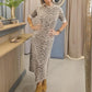 Dames luipaardprint jurk met ronde hals en korte mouwen
