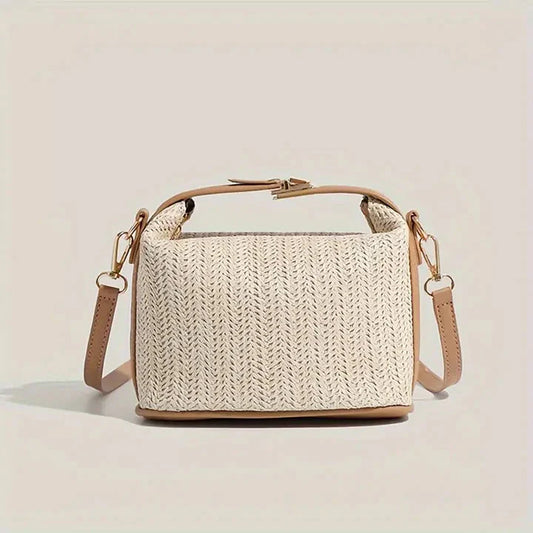 Stijlvolle Stro Crossbody Tas voor Dames met Afneembare Schouderriem en Gespdesign