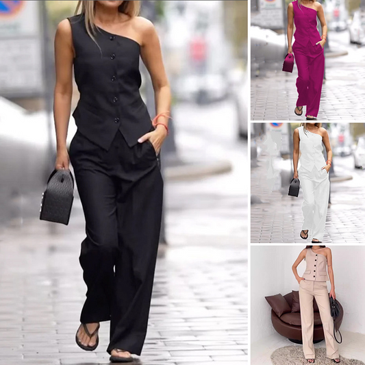 Set met stijlvolle één-schouder top en rechte broek