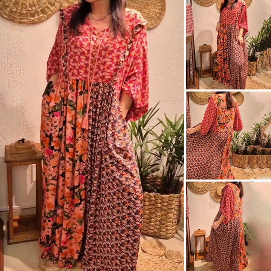 Women's Printed Pleated Maxi Dress