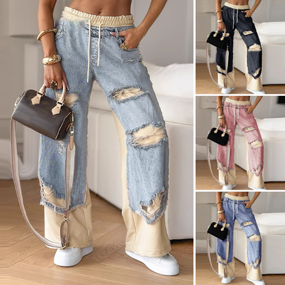 👖Patchwork jeansbroek met elastische tailleband en wijde pijpen