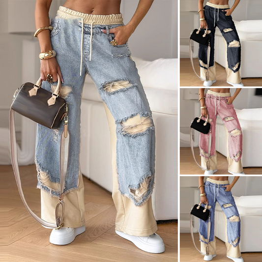 👖Patchwork jeansbroek met elastische tailleband en wijde pijpen