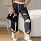 👖Patchwork jeansbroek met elastische tailleband en wijde pijpen