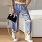 👖Patchwork jeansbroek met elastische tailleband en wijde pijpen