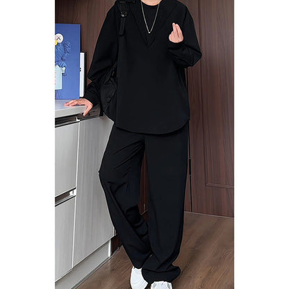 Pseudo-Tweedelige V-Hals Shirt & Broek Set