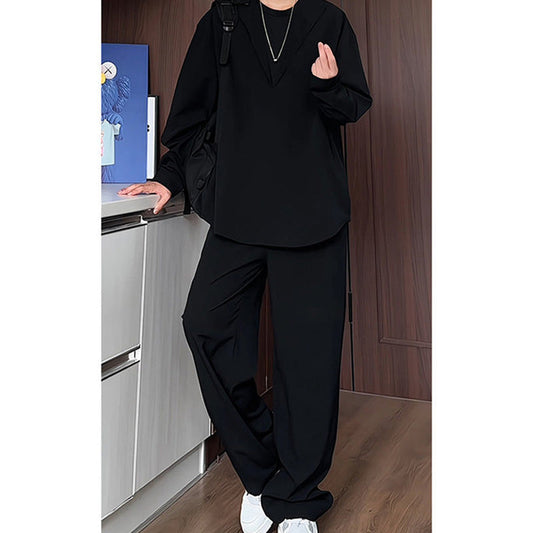 Pseudo-Tweedelige V-Hals Shirt & Broek Set