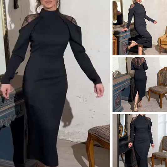 👗Elegante midi-jurk met hoge kraag en kanten rug voor dames🌸