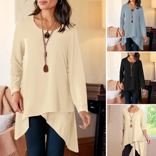 👕Dames T-shirt met lange mouwen en asymmetrische zoom✨