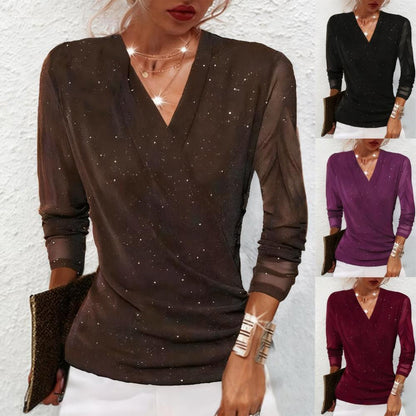 ✨Dames Glinsterende Gekruiste V-Hals Top – Elegante Doorschijnende Mouwen, Flatterend Silhouet & Veelzijdig (Van Kantoor Tot Avondfeest, Stijlvol Schitteren!)