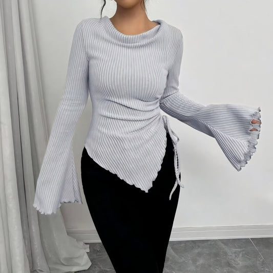 🚨 LIMITED TIME: 55% OFF!✨Funnel Neck Flare Sleeve Knit Top with Side Drawstring