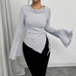 Funnel Neck Flare Sleeve Knit Top with Side Drawstring