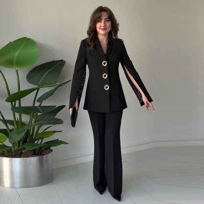 ✨Elegante Tweedelige Dames Set 👖 Blazer met Gesplitste Mouwen & Broek | Nu 50% KORTING ⏳