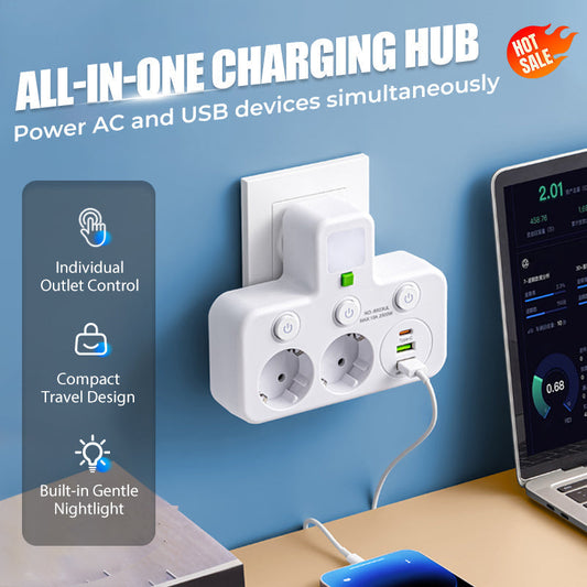 🎉Nieuwjaars Cadeau 52% KORTING!🔌Slanke Slimme Stekkerdoos (USB + Nachtlampje) – Individuele Schakelaars & Reisvriendelijk: Laad Meerdere Apparaten Tegelijk!