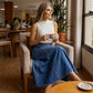👗Dames maxi-rok van denim met hoge taille en A-lijn model – flatterende pasvorm, rekbaar comfort en veelzijdige stijl 👖