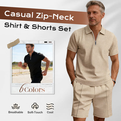 🎁2026 Nieuw binnen 50% KORTING💥Zomerse casual set met shirt met ritskraag en korte broek
