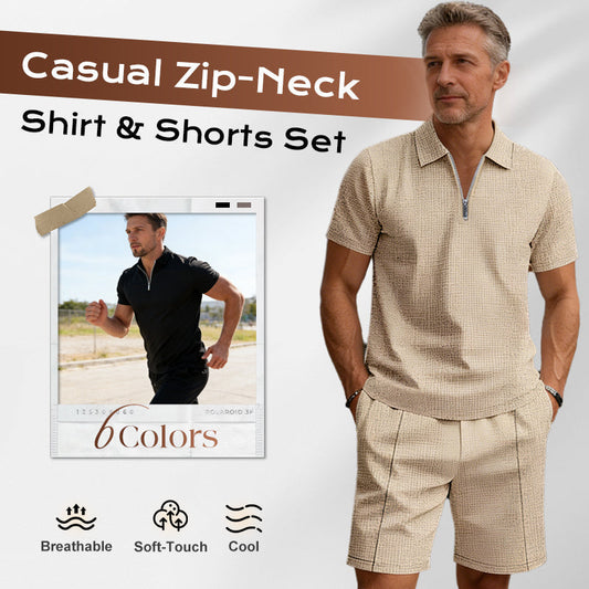 🎁2026 Nieuw binnen 50% KORTING💥Zomerse casual set met shirt met ritskraag en korte broek