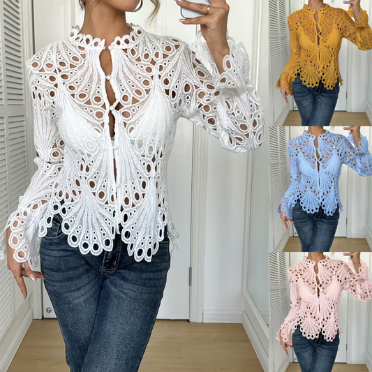 Elegante Kanten Blouse met Trompetmouwen