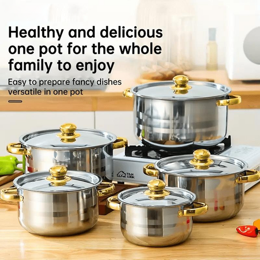 🍳 50% KORTING NU! 🔥 5-Delig Roestvrijstalen Kookgerei Set met Glazen Deksels – Duurzaam, Gelijkmatige Warmteverdeling & Elegant Ontwerp ✨
