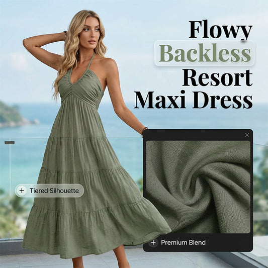 Dames halternek rugloze getrapte maxi-jurk