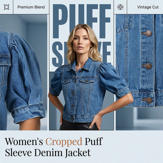 Dames cropped denimjack met korte puffmouwen