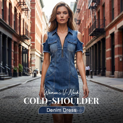 👖 TIJDELIJK, 59% KORTING! ✨ Dames koude schouder denim jurk – V-hals, vloeiend, boho 🌼