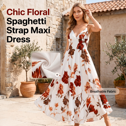 🌸✨ Dames Geprinte Spaghettibandjes Maxi Jurk | Zomerhit 2026 | V-hals & Bloemenprint 🌞
