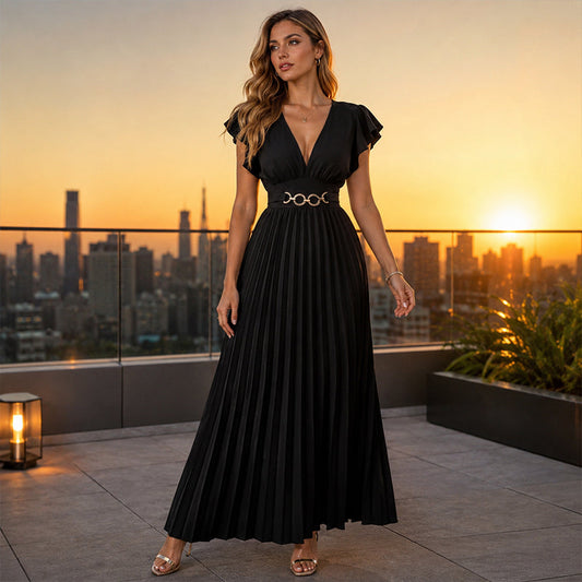 🌸✨ Zomeruitverkoop 2026 | Al 35000+ Verkocht! Elegante Maxi-jurk met V-hals, Ruches & Gouden Tailleband 💃 Op = Op!