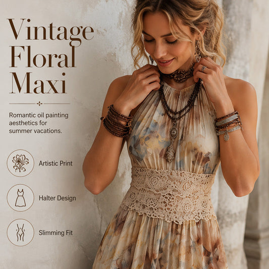 🌸 Dames Halter Boho Maxi Jurk | Vintage Bloemenprint | Hoge Taille & Slanke Pasvorm | Zomerhit ☀️