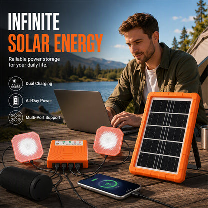 ☀️ Draagbaar zonne-energiesysteem – laad apparaten overal op, met LED-lampen. Geen stopcontact nodig – perfect voor onderweg! 🔋✨