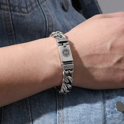 💿 FLASH SALE: 50% KORTING! 🕉️ Retro Mantra Armband voor Heren – Zes Gegraveerde Lettergrepen & Vintage Zilveren Afwerking – Spirituele Stijl ✨