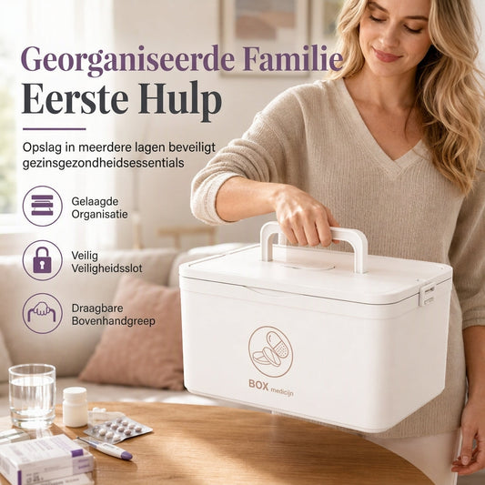 Grote kunststof medicijnopbergdoos met meerlaagse verdeelde vakken, draagbare familie EHBO-organizer voor noodgevallen
