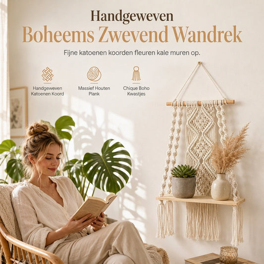 🔥Bohemian handgeweven zwevende plank – handgemaakte Boho wanddecoratie | geen zichtbare beugels, stevig en uniek | perfect voor de woonkamer en slaapkamer🌿