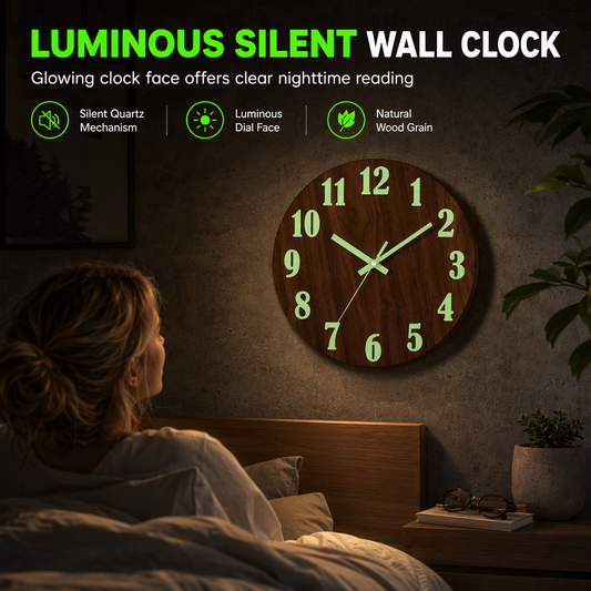 🕰️12-inch stille houten wandklok – Lichtgevend & MDF houtnerf✨