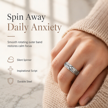 ✨Zilveren titanium stalen spinnerring met de gravure ‘God Is Within Her She Will Not Fall’