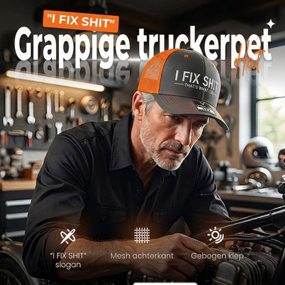 🔥Nieuw 2026 & Bestseller🔥Truckerpet met mesh-achterkant en geborduurd "I Fix Shit" – Ademende zonnehoed voor buitengebruik🧢☀️