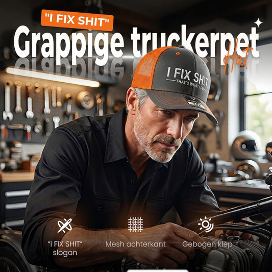 🔥Nieuw 2026 & Bestseller🔥Truckerpet met mesh-achterkant en geborduurd "I Fix Shit" – Ademende zonnehoed voor buitengebruik🧢☀️